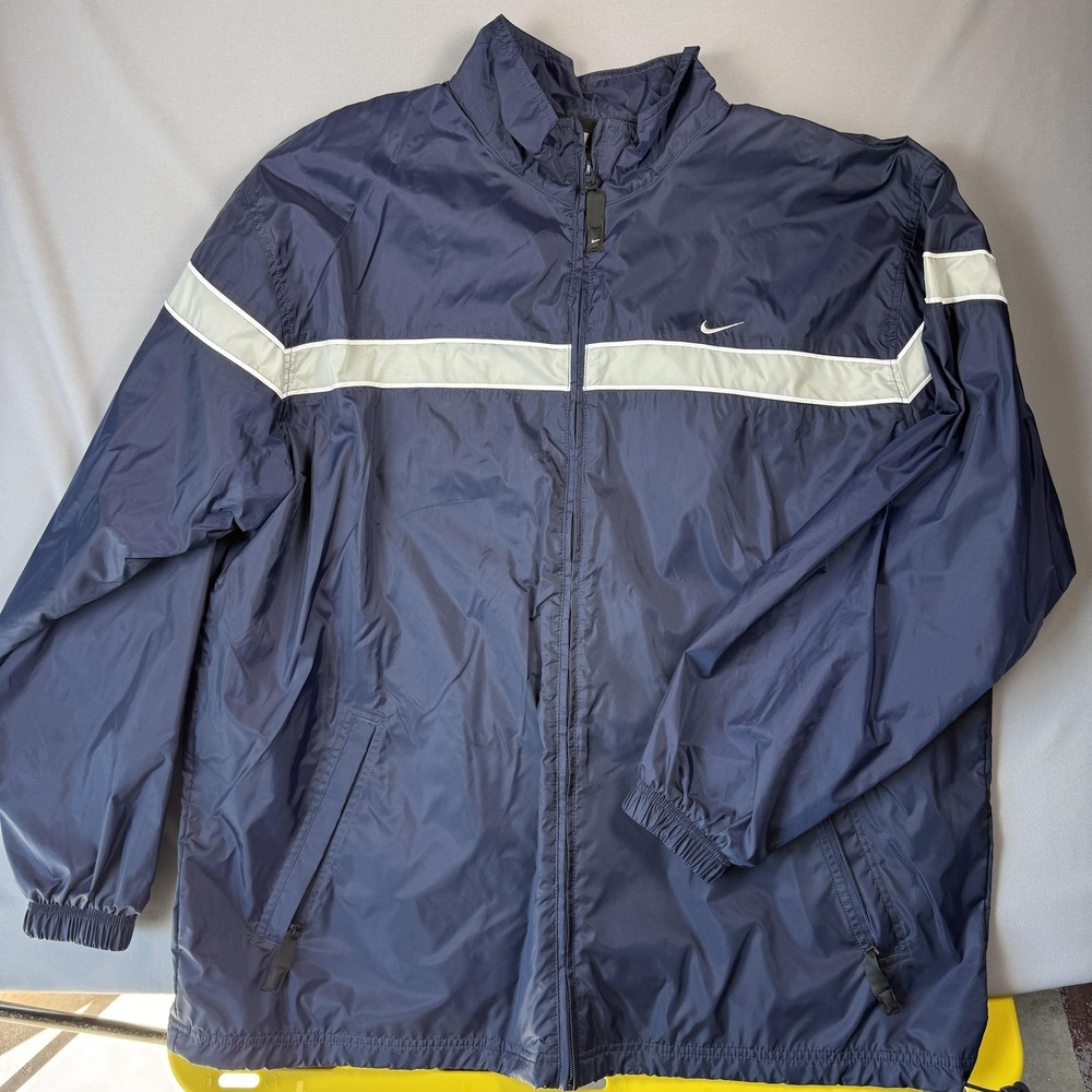 Nike Jacket Mens XL Blue Windbreaker Full Zip Reflective Stripe Swoosh Running